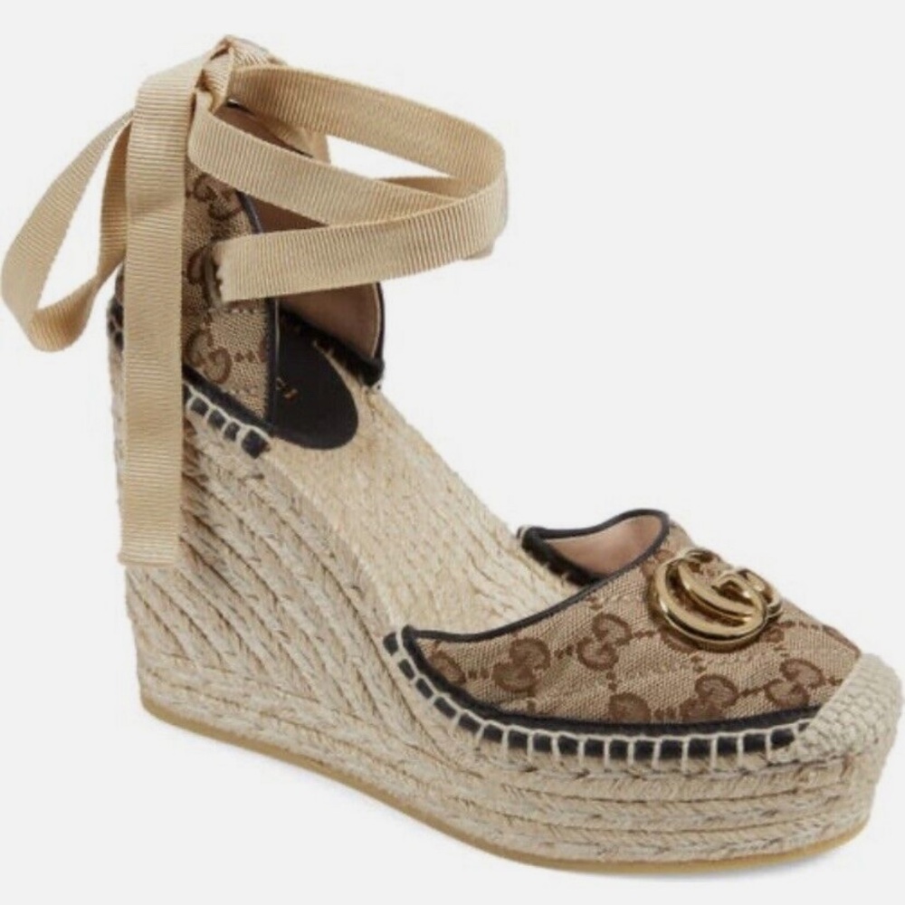 Gucci tan monogram espadrille platform wedge